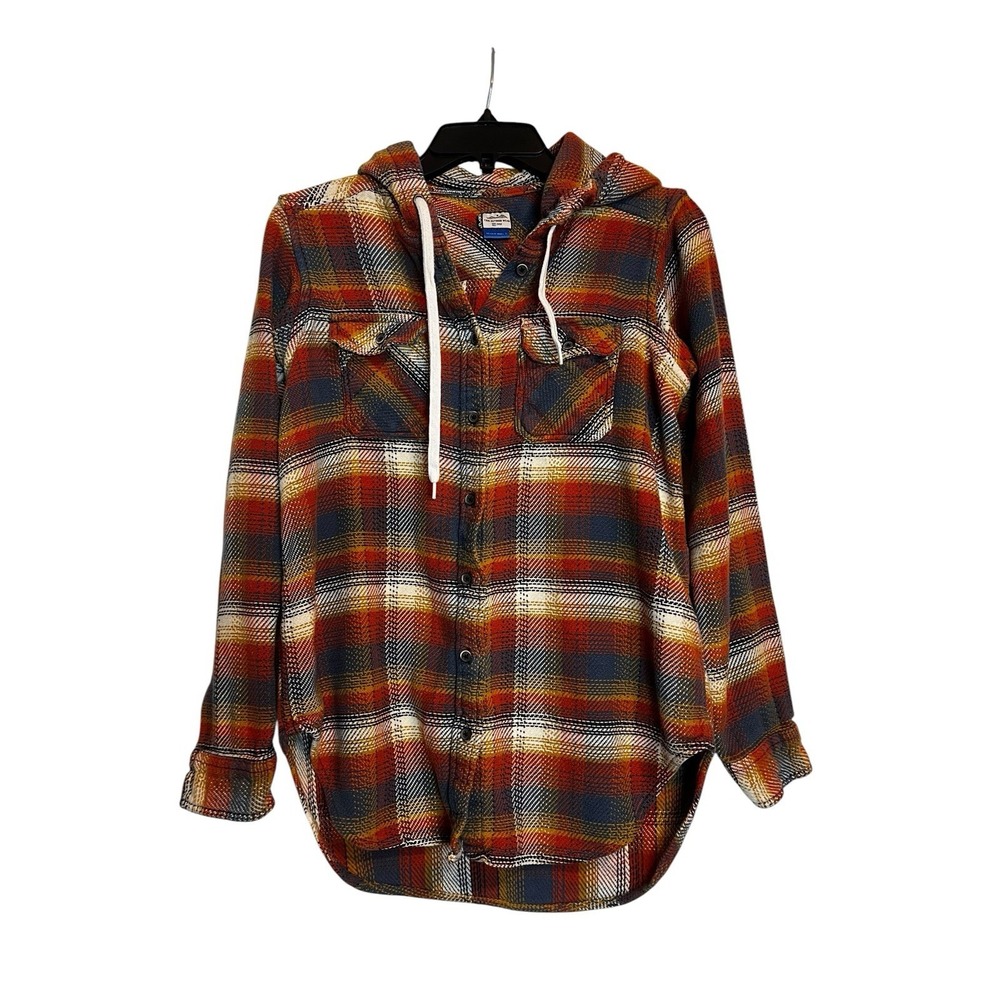Kavu Jess Hooded Shirt Jacket Small Gray Burnt Orange Plaid Schacket